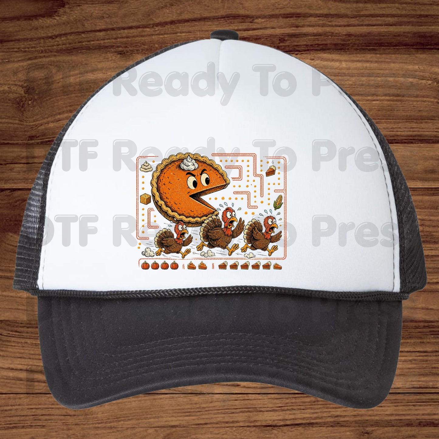 Funny Thanksgiving Pacman DTF Transfers, Pumpkin Pie Chasing Turkeys Maze Video Game Ready to Press