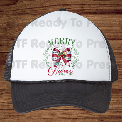 Merry Nurse Social Club DTF Transfers, Christmas Medical Coquette Bow Holiday Lights Nurse Ready to Press