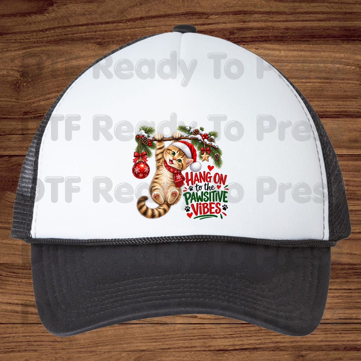 Christmas Cat DTF Transfers, Cute Kitten Santa Hat Hang On Pawsitive Vibes Holiday Ready to Press