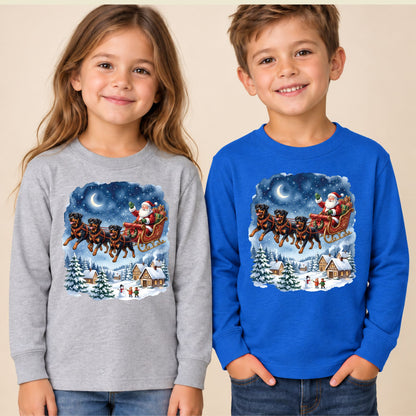 Rottweiler Christmas T-Shirt, Santa Sleigh with Flying Dogs Graphic Tee, Funny Dog Lover Holiday Shirt