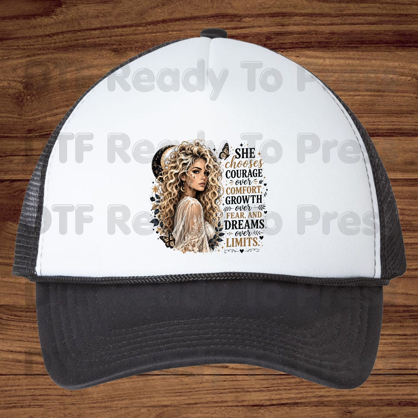 She Chooses Courage DTF Transfers, Blonde Woman Crescent Moon Butterfly Inspirational Ready to Press