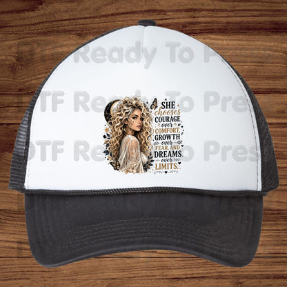 She Chooses Courage DTF Transfers, Blonde Woman Crescent Moon Butterfly Inspirational Ready to Press