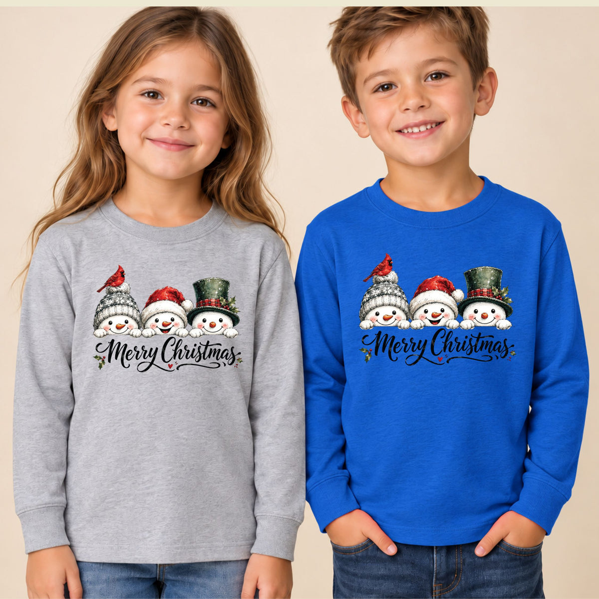 Merry Christmas T-Shirt, Snowmen and Red Cardinals Tee, Winter Holiday Sweatshirt