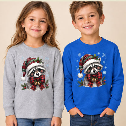 Christmas Raccoon T-Shirt, Santa Hat Buffalo Plaid Bow and Bells Tee, Festive Holiday Sweatshirt