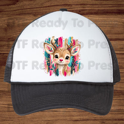 Cute Christmas Reindeer DTF Transfers, Colorful Floral Antlers Pink Teal Gold Holiday Ready to Press.