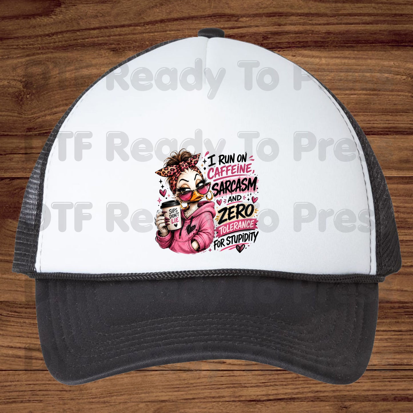 Funny Duck Caffeine DTF Transfers, I Run on Caffeine Sarcasm Coffee Messy Bun Leopard Bow Women Ready to Press