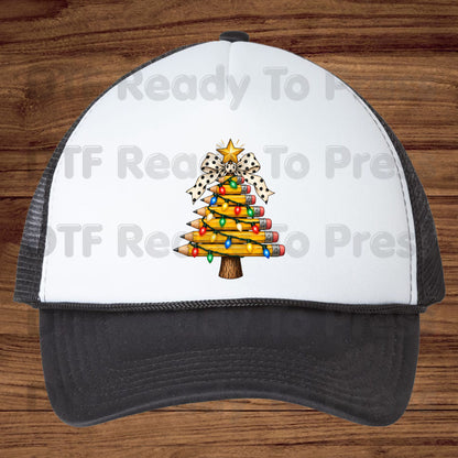 Christmas Teacher Pencil Tree DTF Transfers, School Polka Dot Bow Lights Holiday Ready to Press