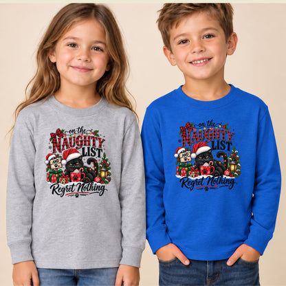 Naughty List Cat T-Shirt, Funny Christmas Black Cat Santa Hat Tee, Holiday Sweatshirt