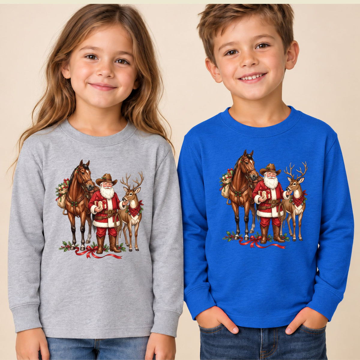 Cowboy Santa Christmas T-Shirt, Western Santa with Horse and Reindeer Graphic Tee, Country Holiday Shirt