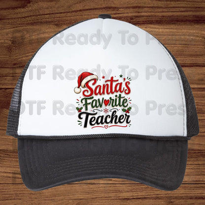 Santa's Favorite Teacher DTF Transfers, Christmas School Santa Hat Holly Holiday Ready to Press