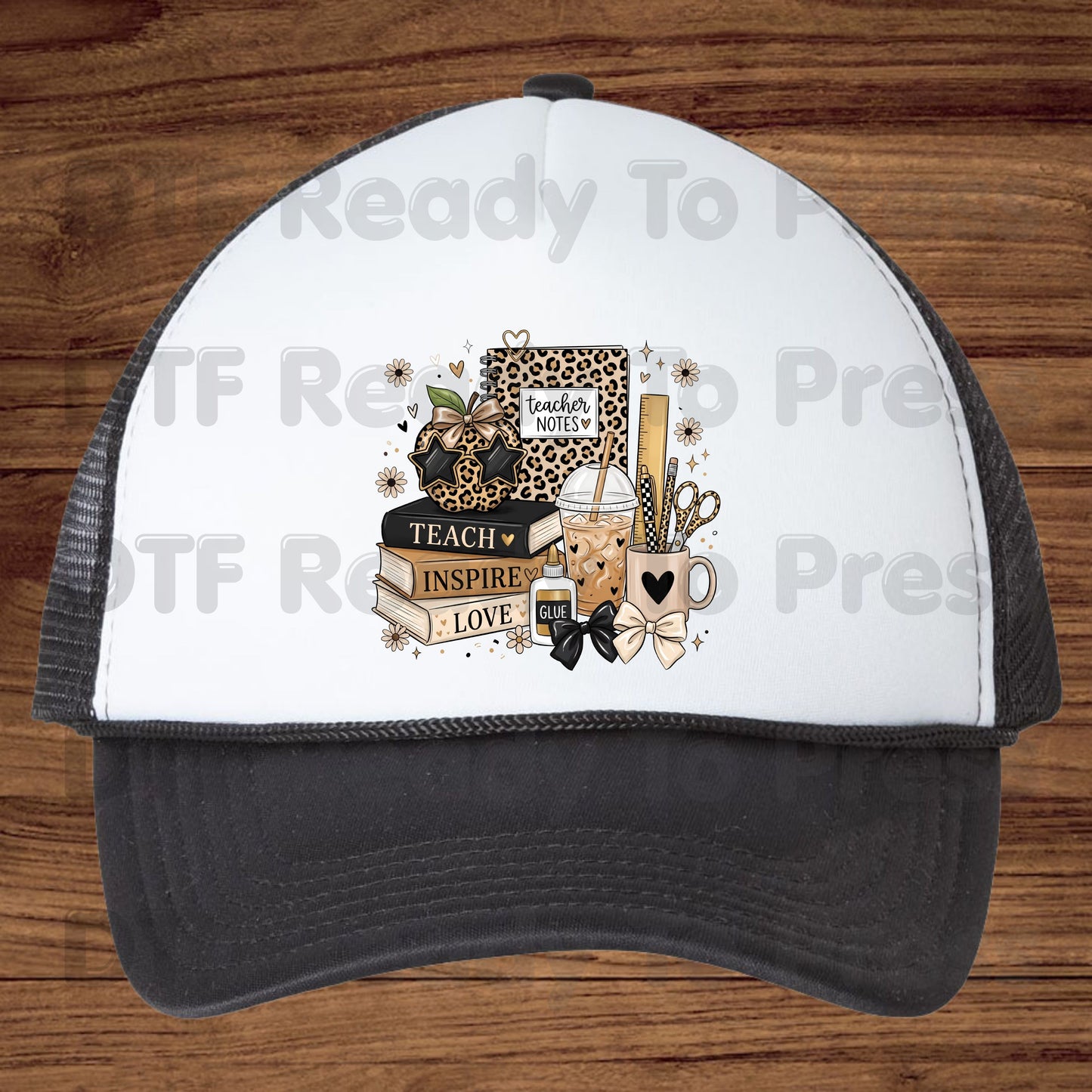Teach Inspire Love Leopard Teacher DTF Transfers, Notebook Coffee Iced Drink Ready to Press