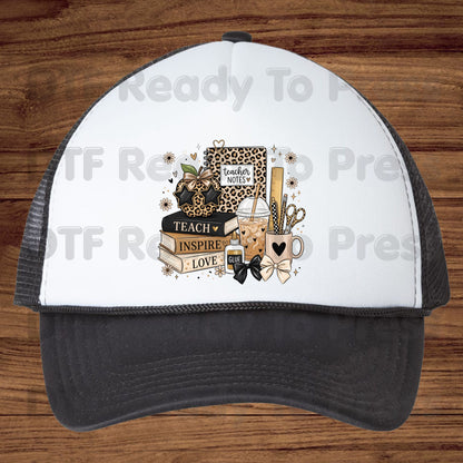 Teach Inspire Love Leopard Teacher DTF Transfers, Notebook Coffee Iced Drink Ready to Press