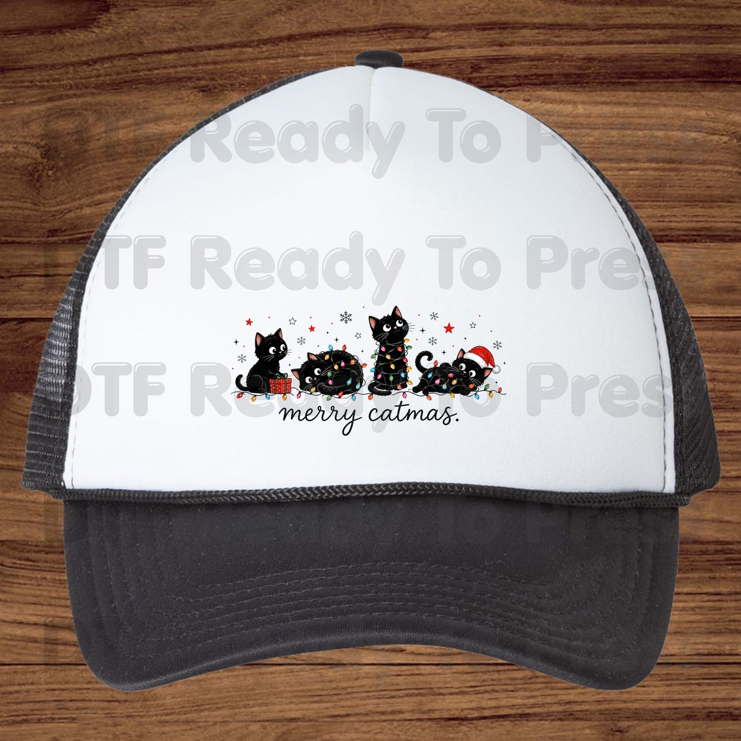Merry Catmas Black Cats DTF Transfers, Christmas Lights Black Kittens Holiday Cat Lover Ready to Press
