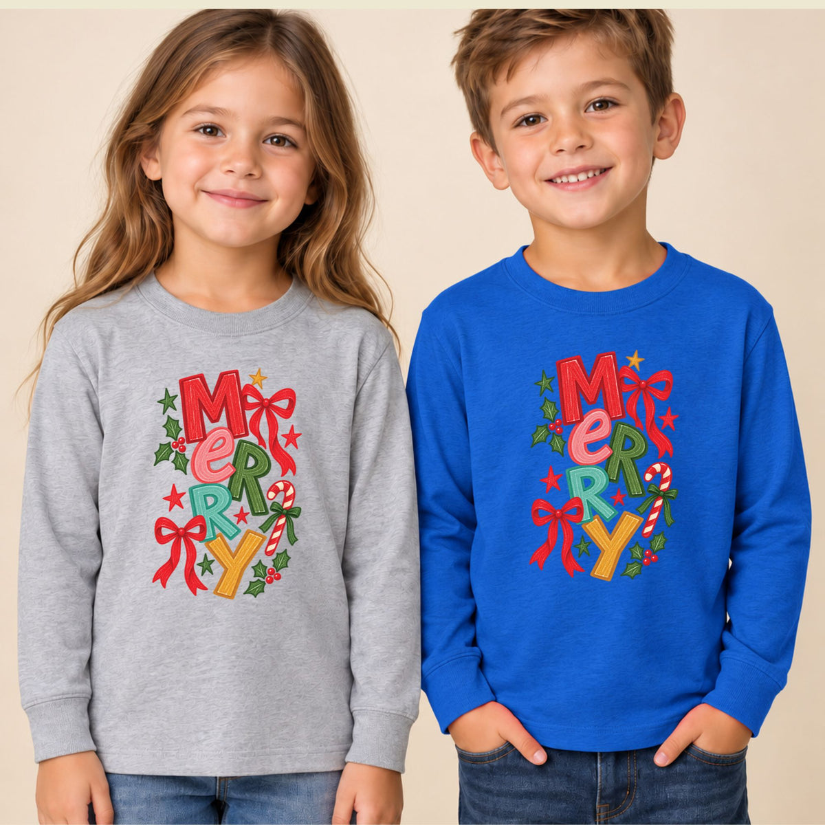 Merry Christmas T-Shirt, Colorful Lettering Red Bow Tee, Candy Cane Holiday Sweatshirt