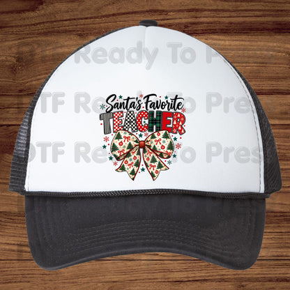 Santa's Favorite Teacher DTF Transfers, Christmas School Tree Bow Plaid Holiday Ready to Press