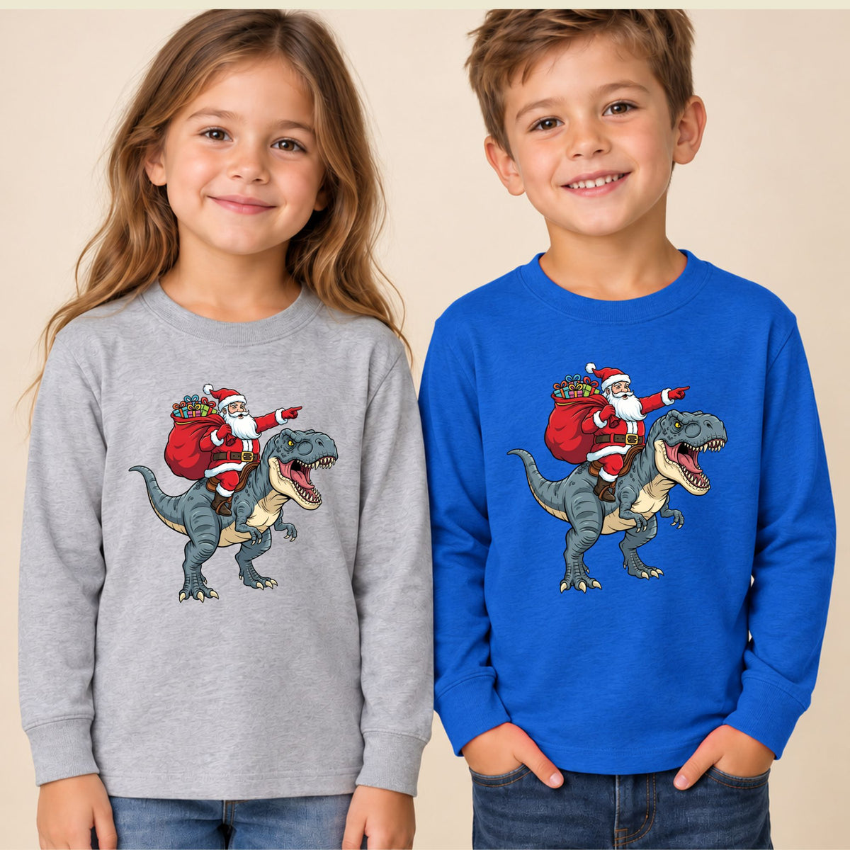 Santa Riding T-Rex Christmas T-Shirt, Funny Dinosaur Xmas Graphic Kids Tee