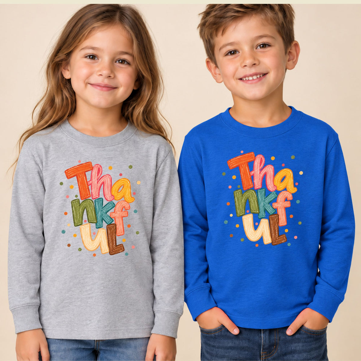 Thankful T-Shirt, Colorful Crayon Lettering Thanksgiving Tee, Fall Holiday Sweatshirt