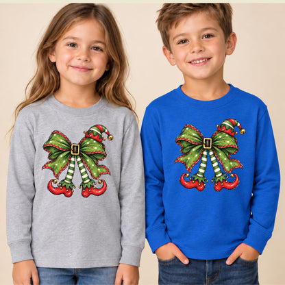Christmas Elf T-Shirt, Green Bow Striped Legs Tee, Cute Holiday Sweatshirt