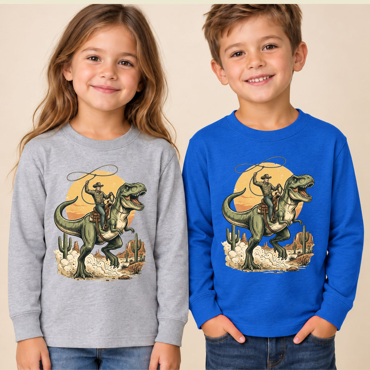 Cowboy Riding T-Rex Western T-Shirt, Rodeo Dinosaur Desert Cactus Tee for Toddler and Kids