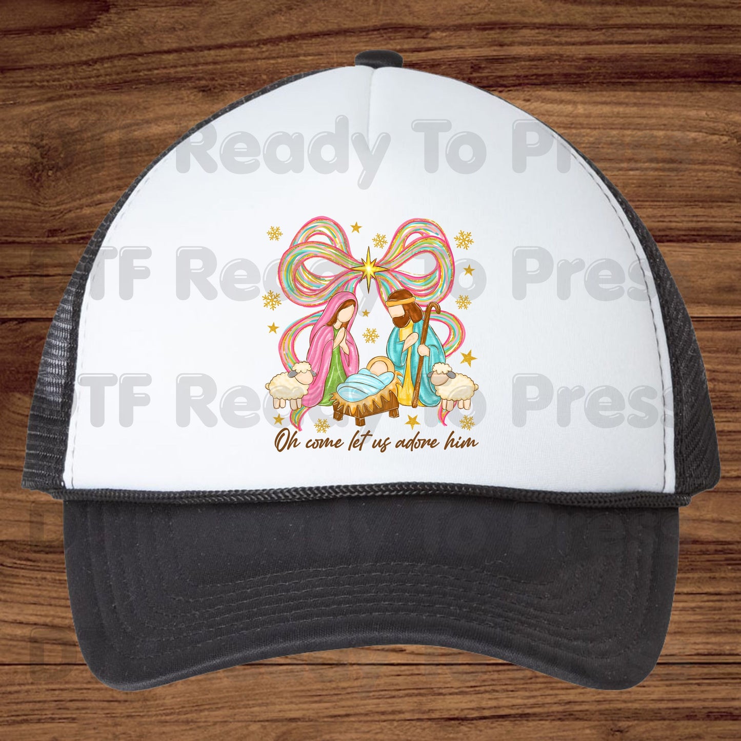 Christian Nativity Oh Come Let Us Adore Him DTF Transfer Ready to Press Nativity Scene Heat Transfer For Shirts Colorful Christmas Bow Christian Jesus Print