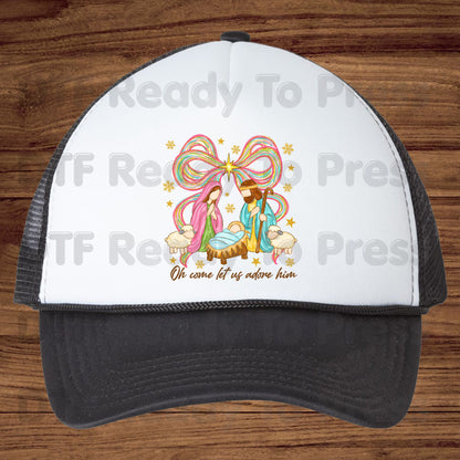 Christian Nativity Oh Come Let Us Adore Him DTF Transfer Ready to Press Nativity Scene Heat Transfer For Shirts Colorful Christmas Bow Christian Jesus Print