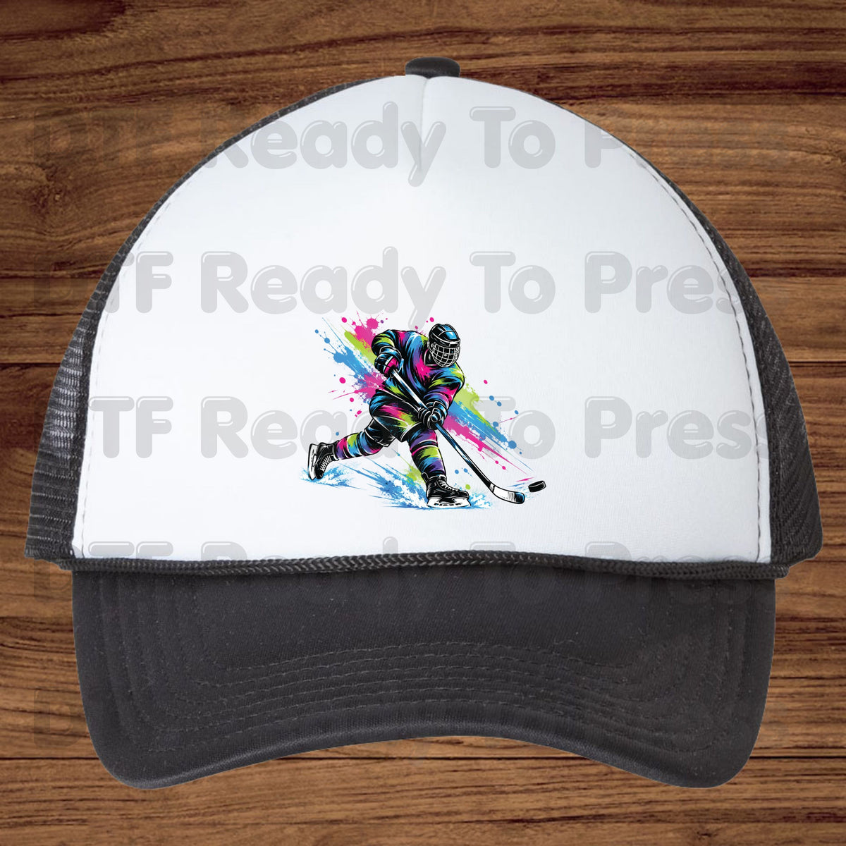 Hockey DTF Transfer, Colorful Ice Hockey Player with Paint Splatter Graphic