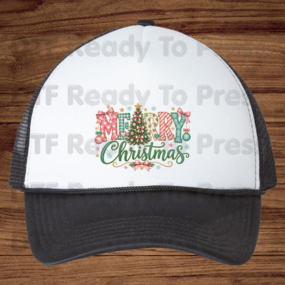 Christmas DTF Transfer, Merry Christmas Tree with Pastel Pink Bows