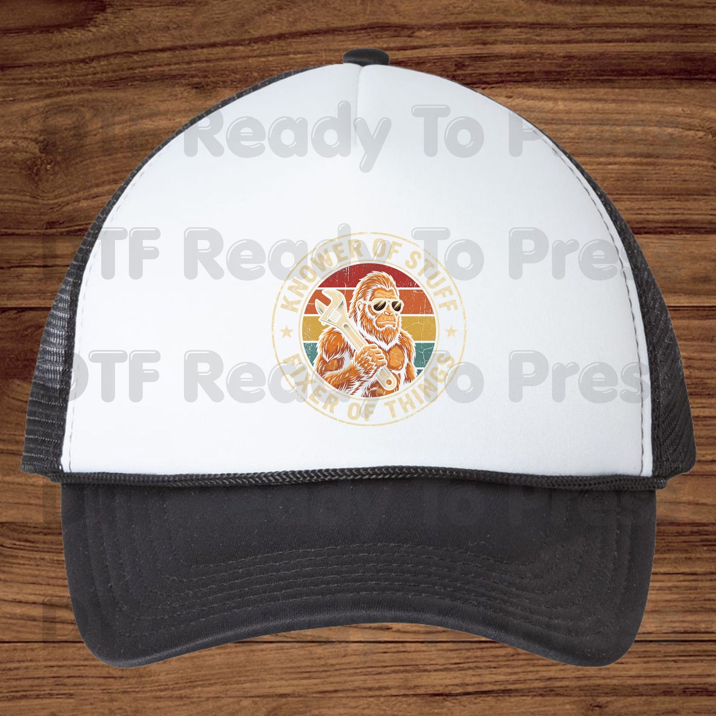 Funny Bigfoot DTF Transfers, Knower of Stuff Fixer of Things Retro Sasquatch Wrench Sunglasses Dad Handyman Ready to Press
