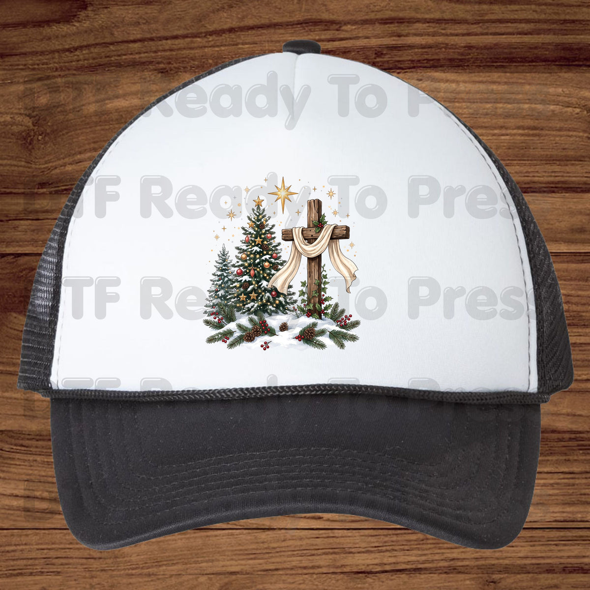 Christmas DTF Transfer, Christian Wooden Cross Star Christmas Tree Graphic