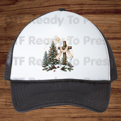 Christmas DTF Transfer, Christian Wooden Cross Star Christmas Tree Graphic