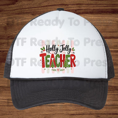 Holly Jolly Teacher DTF Transfers, Christmas School Trees Stripes Plaid Holiday Teacher Ready to Press