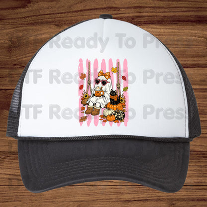 Halloween Ghost DTF Transfer Ready to Press Pink Cute Ghost Swing Heat Transfer For Shirts Spooky Vibes Pumpkin Spice Black Cat Autumn