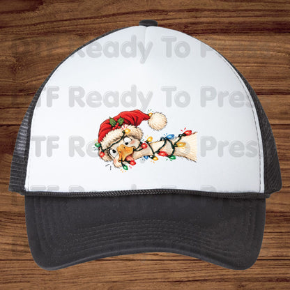 Christmas DTF Transfer, Funny Goose with Tangled Lights and Santa Hat