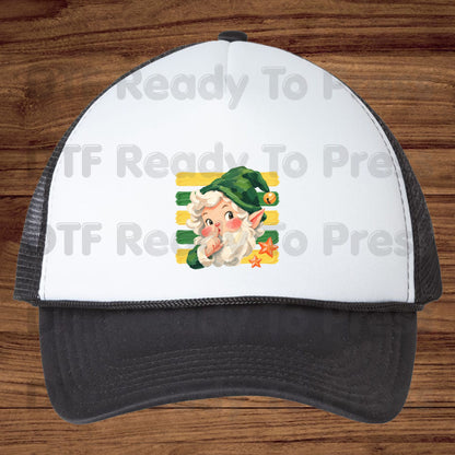 Vintage Shushing Gnome DTF Transfers, Elf Yellow Green Stripes Cute Christmas Holiday Ready to Press