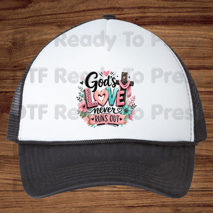 Christian DTF Transfers, God's Love Never Runs Out Floral Cross Religious Inspirational Ready to Press