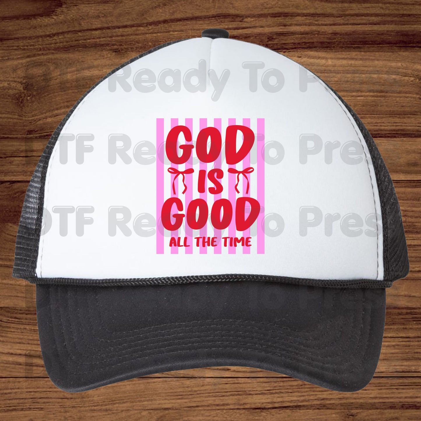 Christian DTF Transfer Ready to Press God Is Good All The Time Pink Striped Coquette Bow Heat Transfer Shirts Faith Vibe Clothing