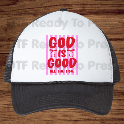 Christian DTF Transfer Ready to Press God Is Good All The Time Pink Striped Coquette Bow Heat Transfer Shirts Faith Vibe Clothing