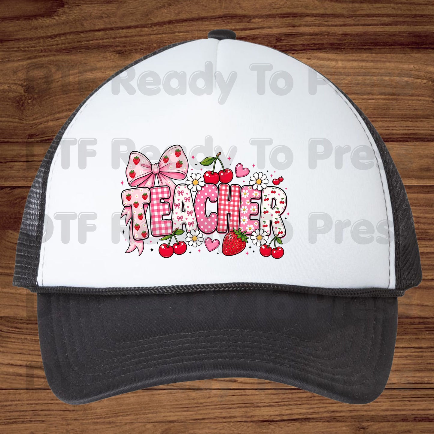 Teacher Coquette Pink DTF Transfers, Strawberries Cherries Bow School Educator Ready to Press