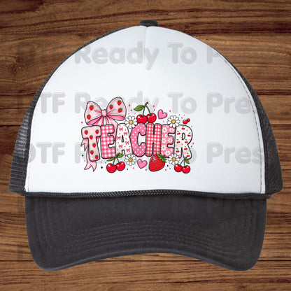 Teacher Coquette Pink DTF Transfers, Strawberries Cherries Bow School Educator Ready to Press
