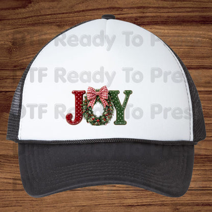 Joy Christmas DTF Transfers, Wreath Plaid Bow Polka Dot Letters Festive Holiday Ready to Press