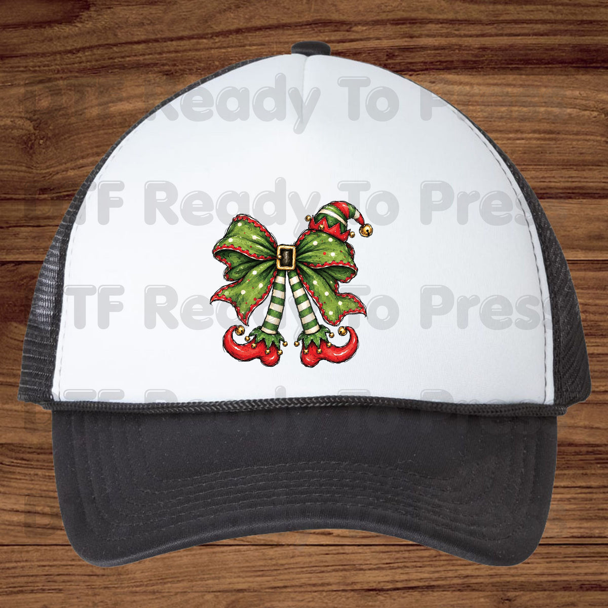 Christmas Elf DTF Transfer, Green Bow, Striped Legs and Hat