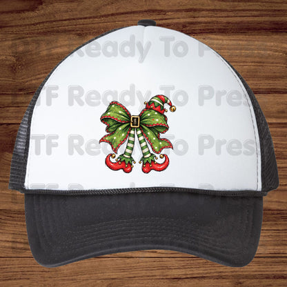 Christmas Elf DTF Transfer, Green Bow, Striped Legs and Hat