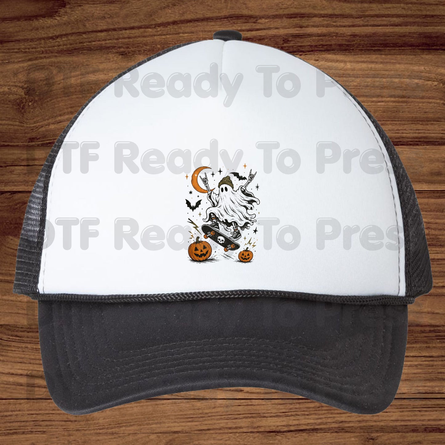 Halloween Skater Ghost DTF Transfers, Rock On Skateboarding Skeleton Crescent Moon Pumpkins Bats Spooky Ready to Press
