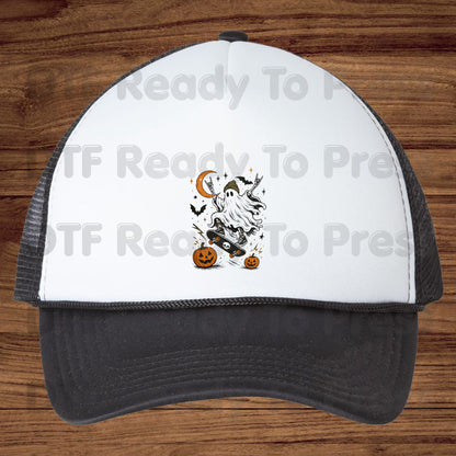 Halloween Skater Ghost DTF Transfers, Rock On Skateboarding Skeleton Crescent Moon Pumpkins Bats Spooky Ready to Press