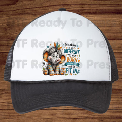 It's Okay to Be Different DTF Transfers, Cute Elephant Feathers Stand Out Quote Ready to Press