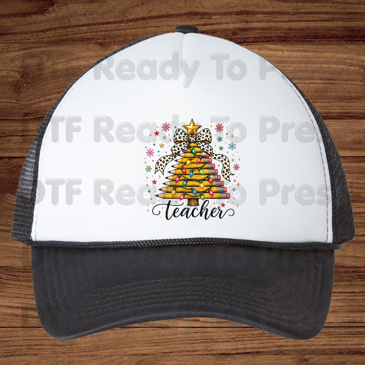 Christmas Teacher Pencil Tree DTF Transfers, School Leopard Bow Lights Holiday Ready to Press