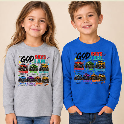 God Says I Am Monster Trucks Christian T-Shirt, Bible Verse Kids Religious Graphic Tee