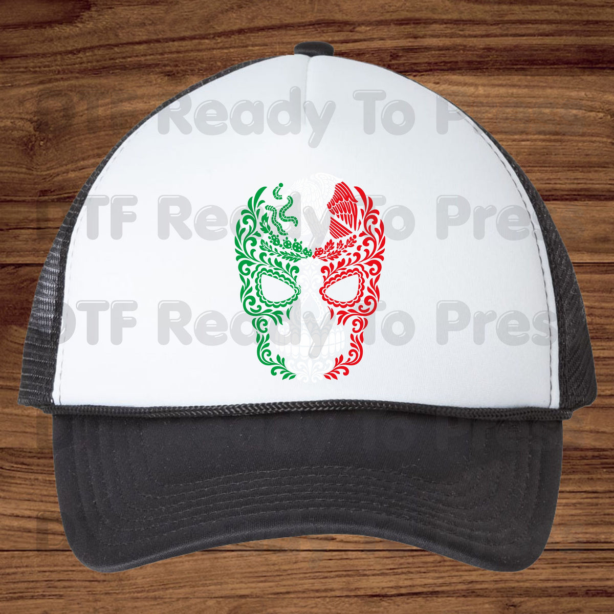 Mexican Flag Sugar Skull DTF Transfers, Eagle Coat of Arms Dia de los Muertos Ready to Press