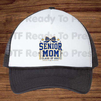 Senior Mom 2027 DTF Transfers, Royal Blue Yellow Cheer Bow Varsity Graduation Mother Ready to Press