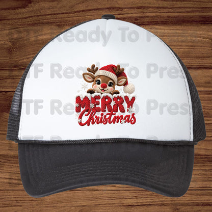 Christmas DTF Transfer, Cute Reindeer Santa Hat, Knitted Letters